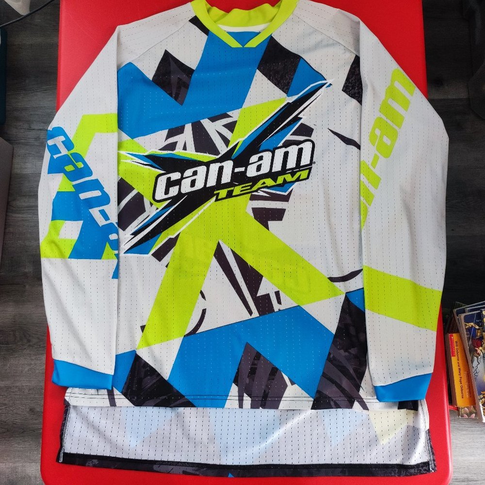 BRP Can-am Team Jersey white with blue and yellow graphic design men's size XL